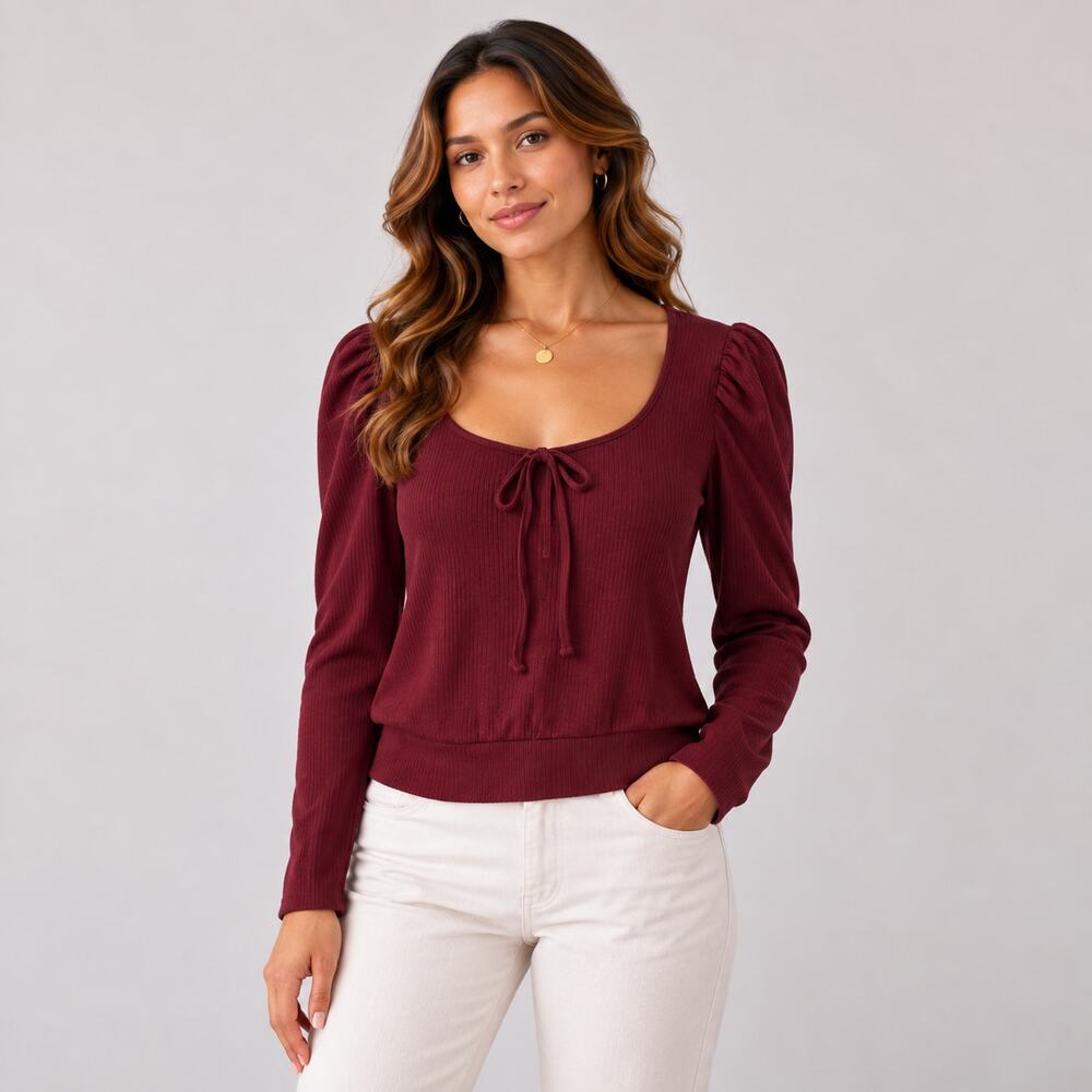 Lark & Grey Ribbed Knit Top Women's Size XL Burgundy Casual Minimalist NWT Boxy